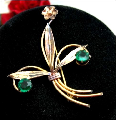 CM GREEN RHINESTONE Vintage PIN FLOWER BROOCH 1/20 12K GE Gold Electroplate