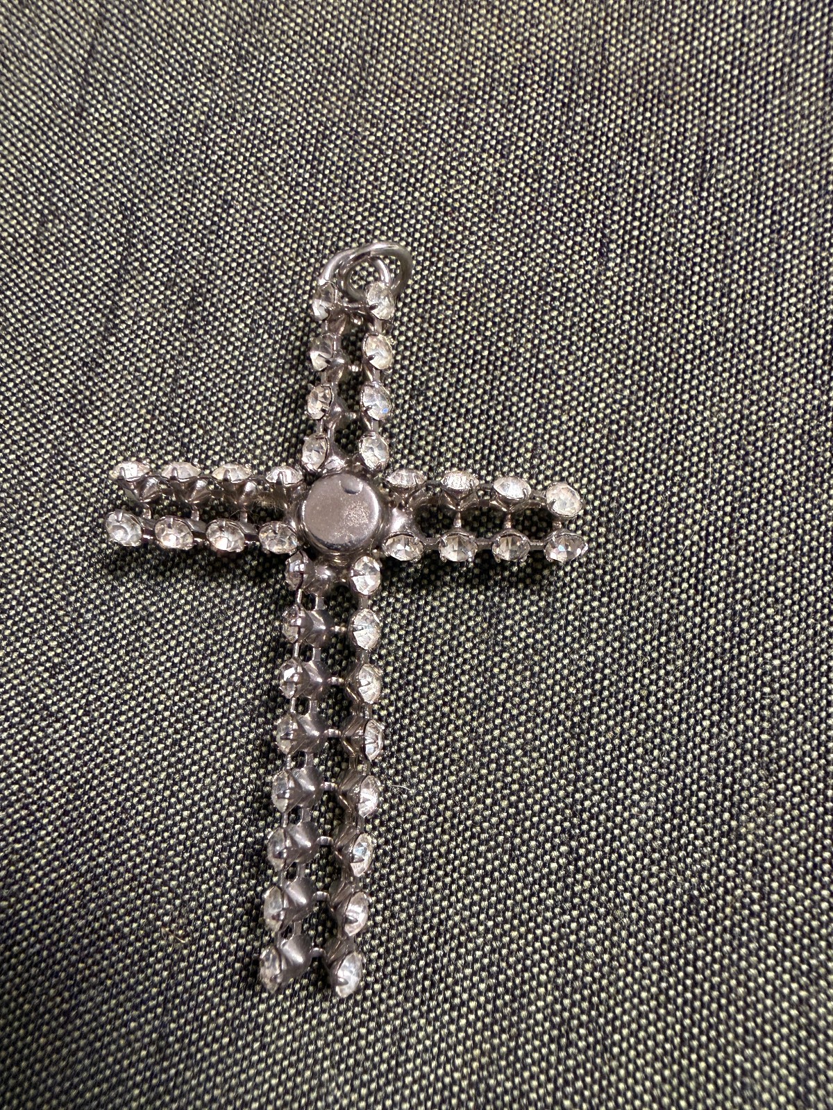 Vintage Metal and White Gem Stone 2″ Cross Pendant Silver Tone