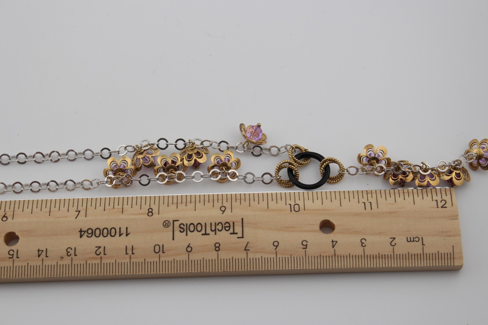 Sterling silver and gold over silver Y drop style necklace purple crystals 19″