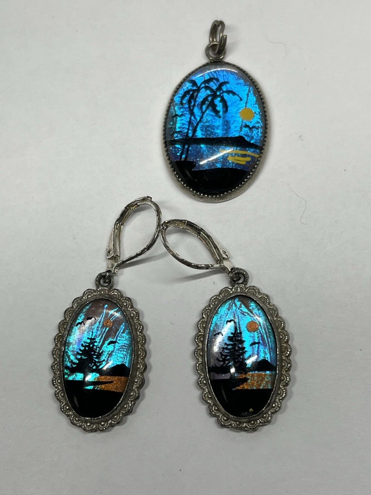 Vintage Blue Morpho Butterfly Wings Pendant & Earrings Set