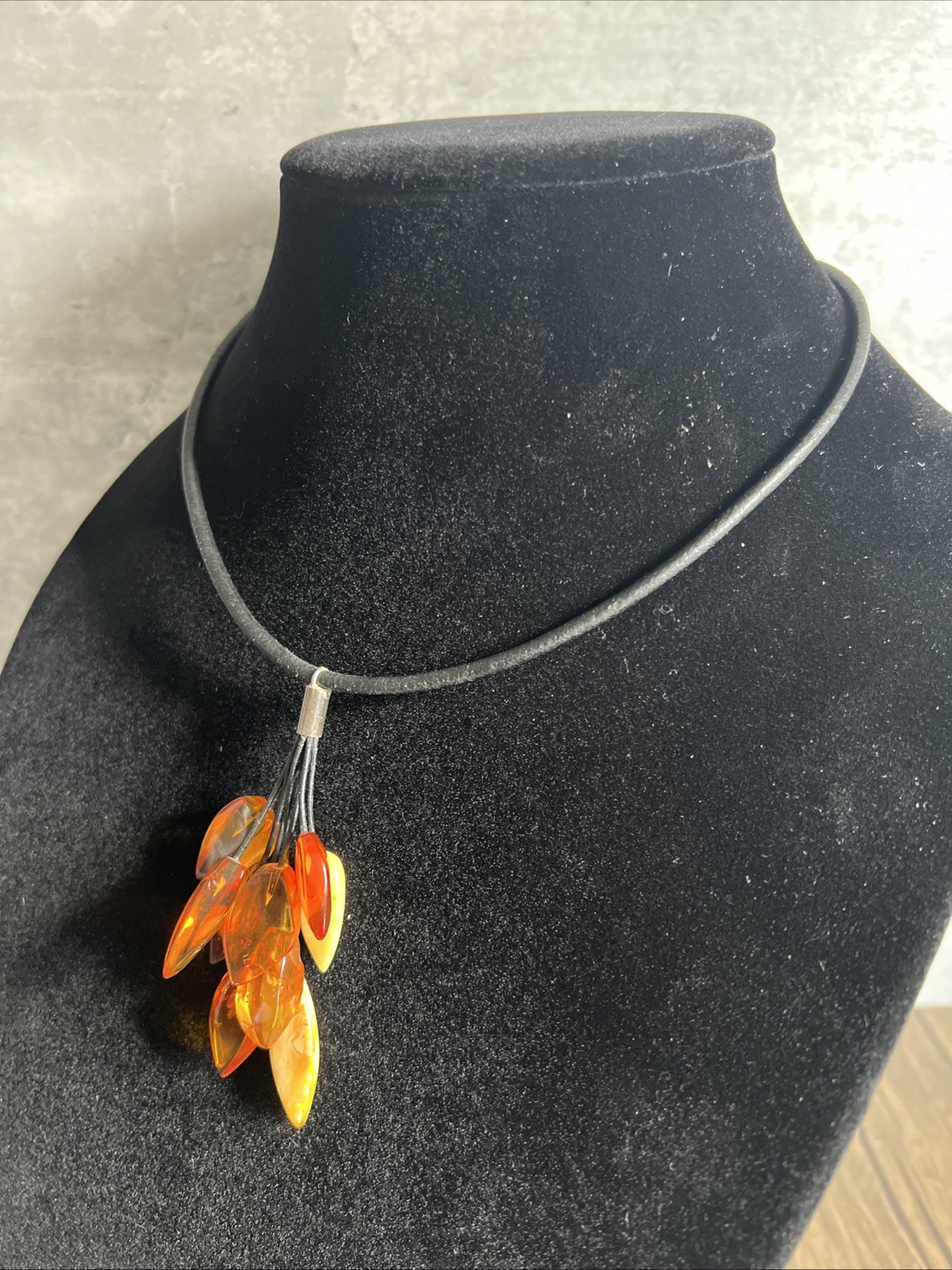 Vintage Amber Black Leather Cord Necklace Sterling Silver Clasp 16 Inch