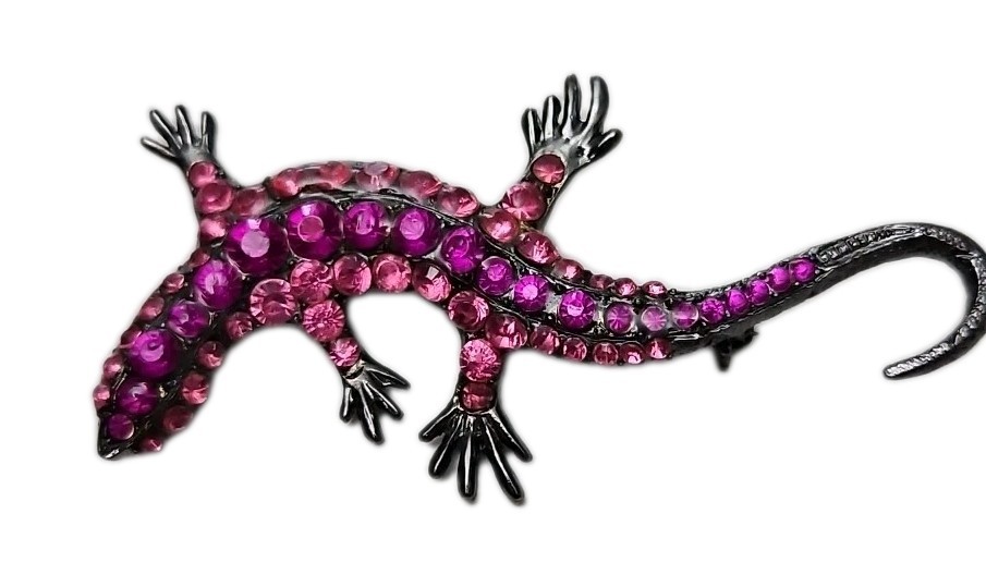 3″ Salamander Brooch Pink Rhinestones Gunmetal enamel Unsigned EUC