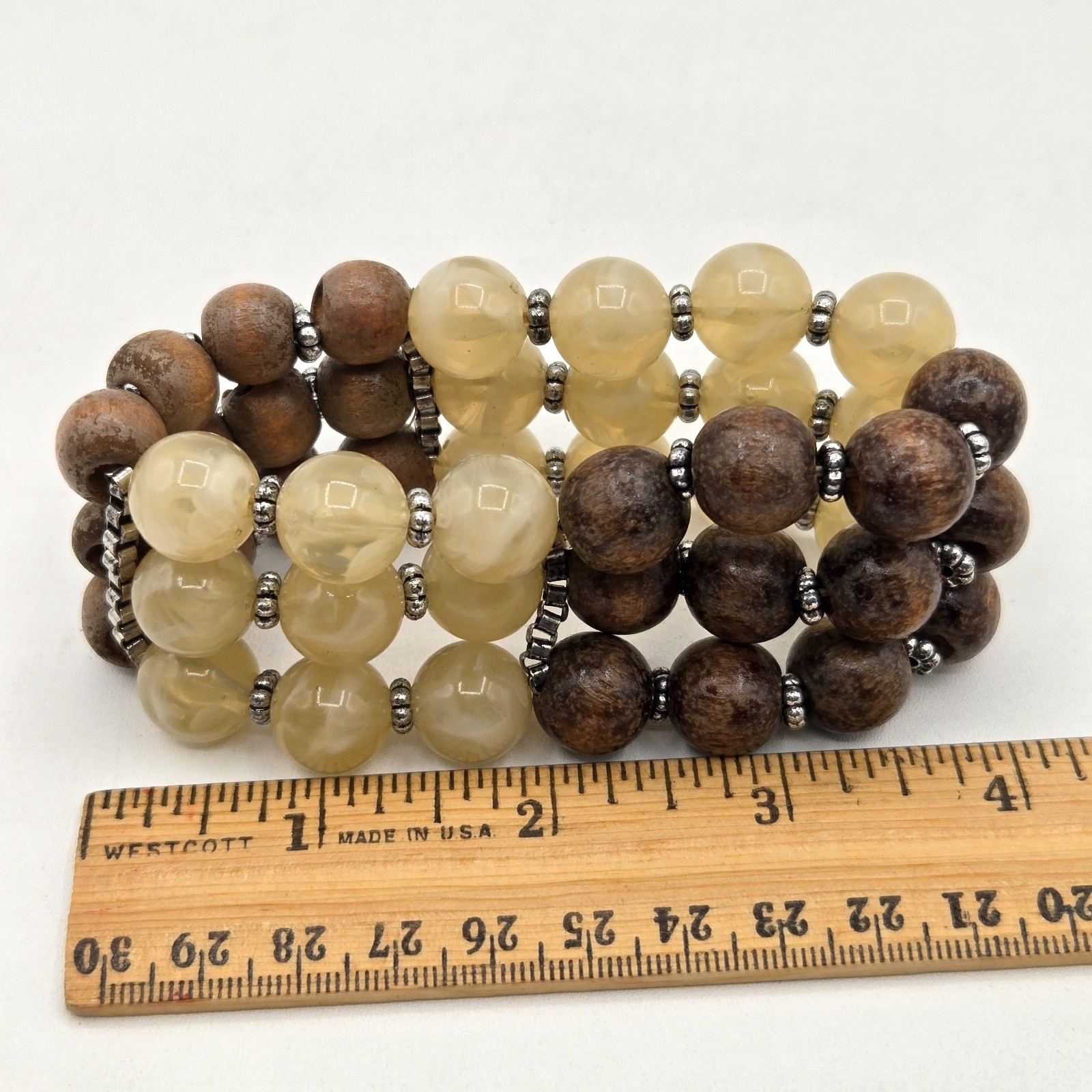 VTG Three Strand Wood and Lucite Beaded Stretch Bracelet Silver Accents