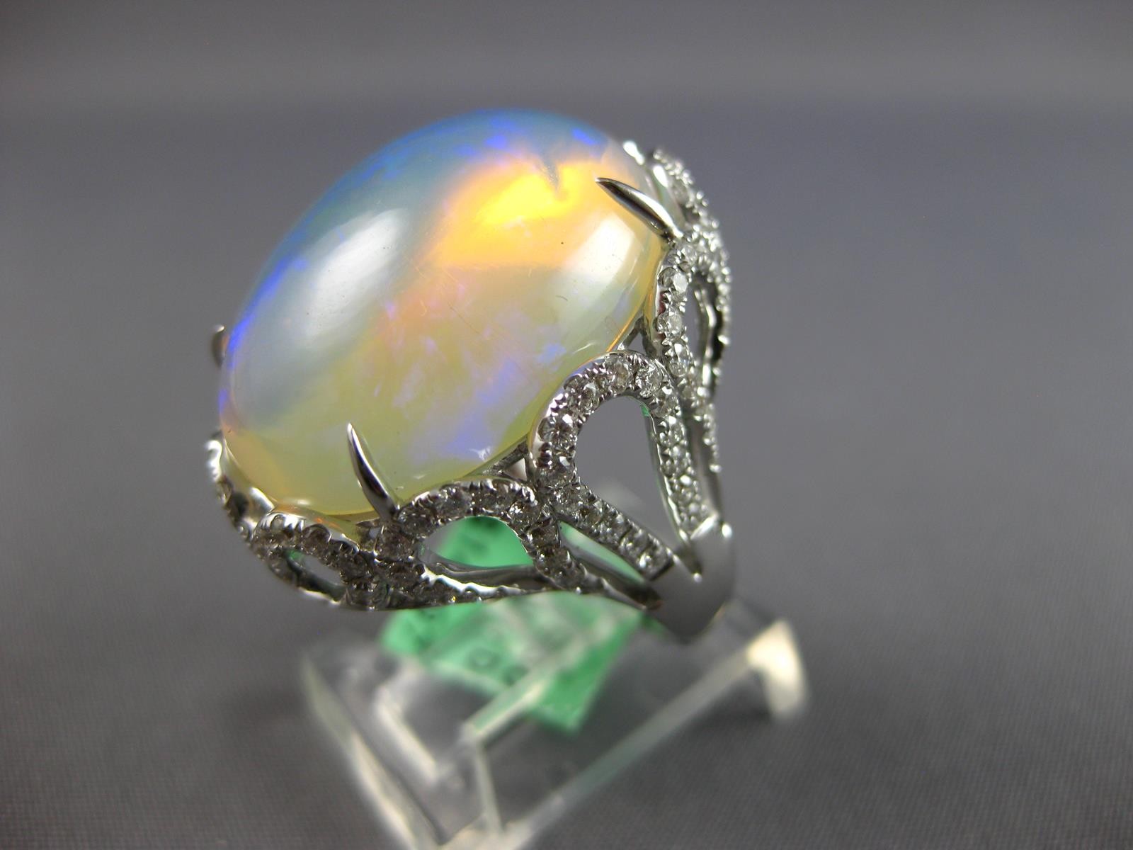 EXTRA LARGE 14.03CT DIAMOND & AAA AUSTRALIAN OPAL 14KT WHITE GOLD OVAL FUN RING