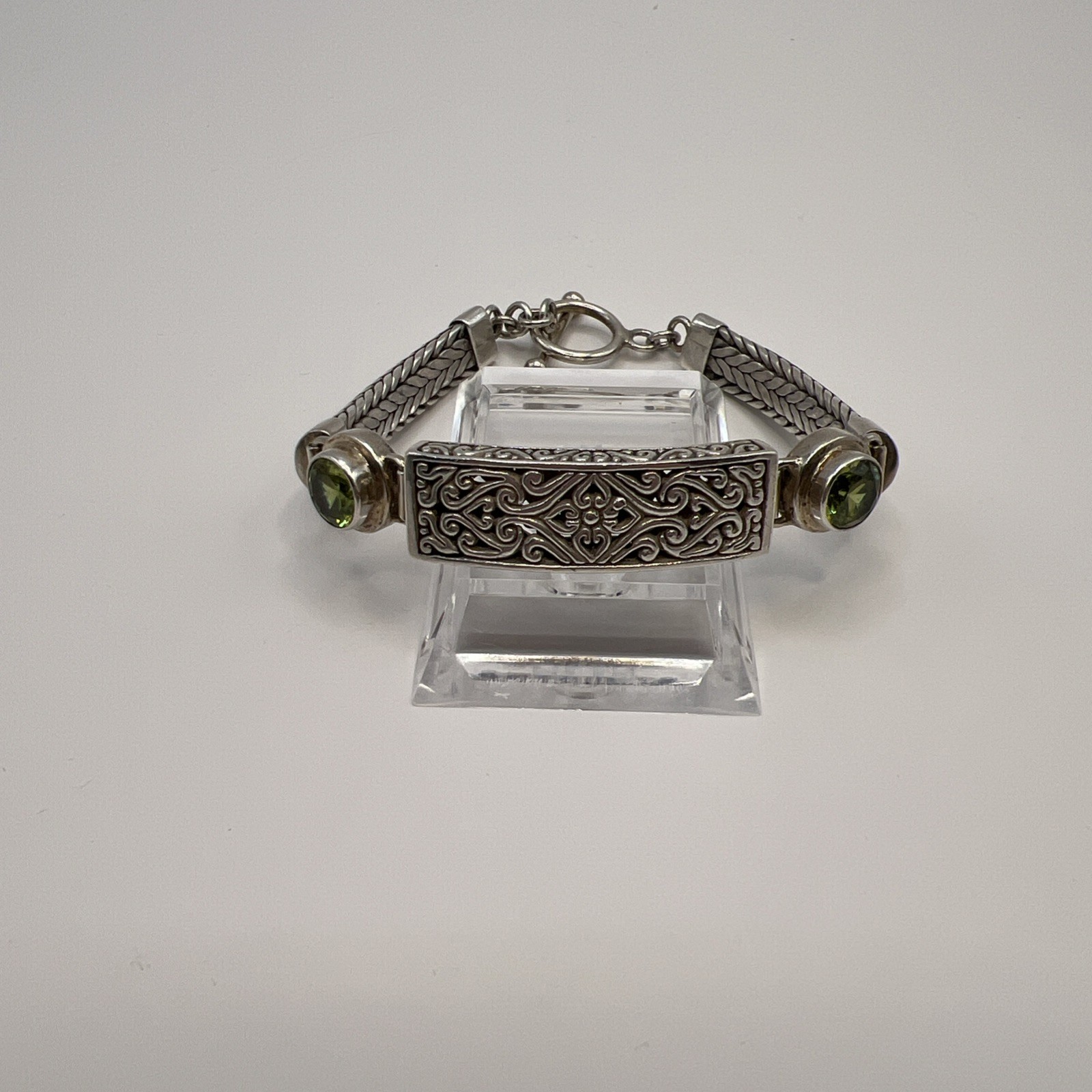 Bali Sterling Silver Peridot Bracelet 7” Handcrafted Balinese Scrollwork Artisan