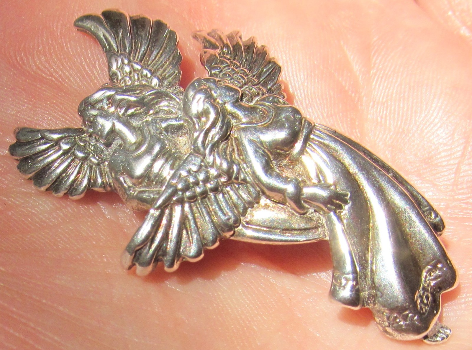 Vintage Shube Dimensional Angels Solid Sterling Silver Pendant Pin Brooch 2″long
