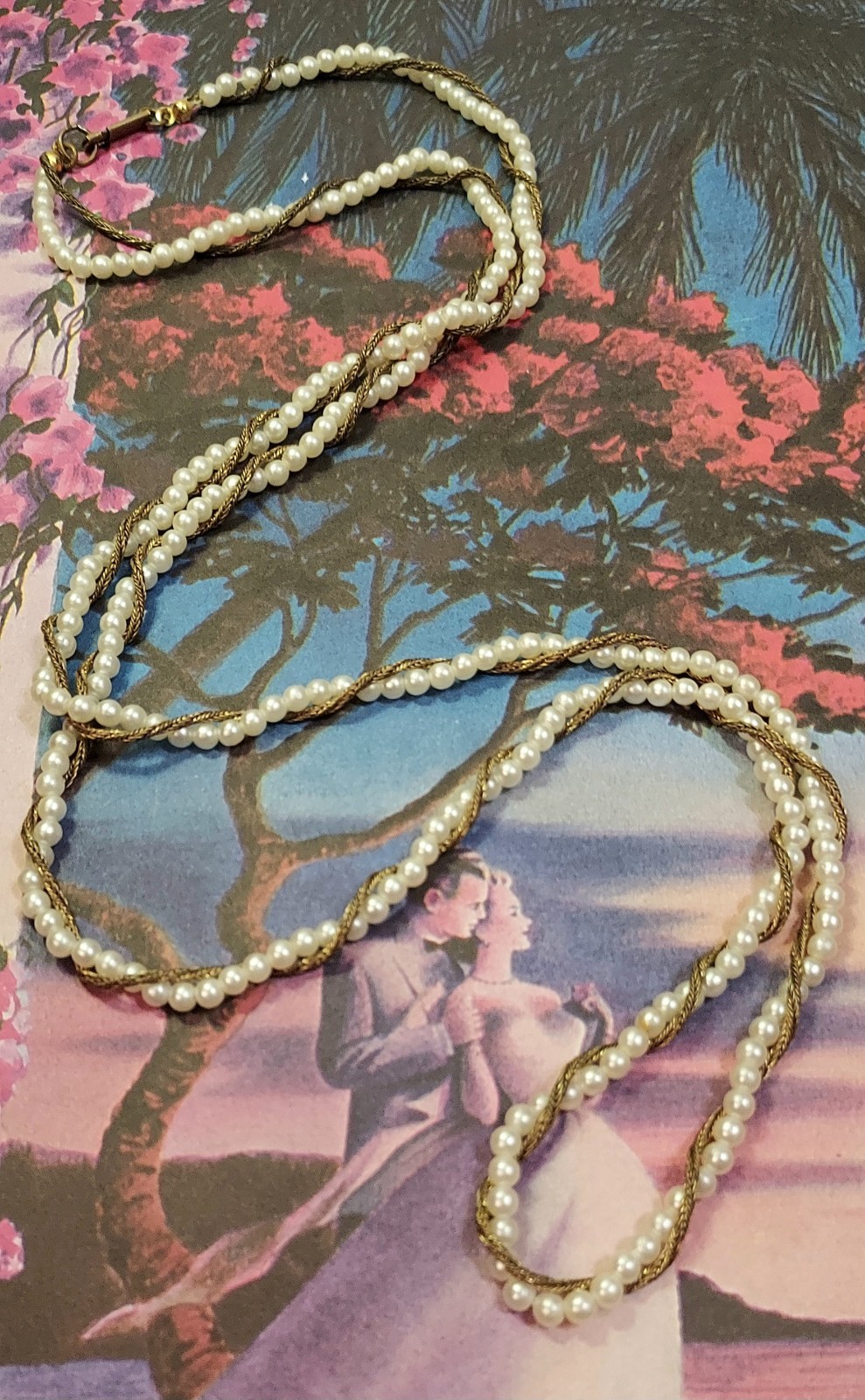 Miriam Haskell Vintage Necklace Faux Pearl Wheat Chain Bronze Tone Signed 34″