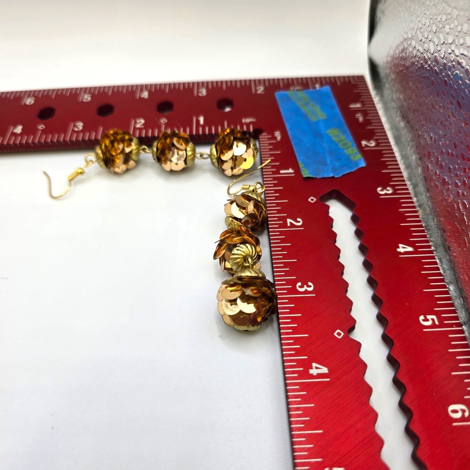 Pierced Earrings Vintage Sequins Gold Tone Three Tier Ball Dangle Retro Fashion