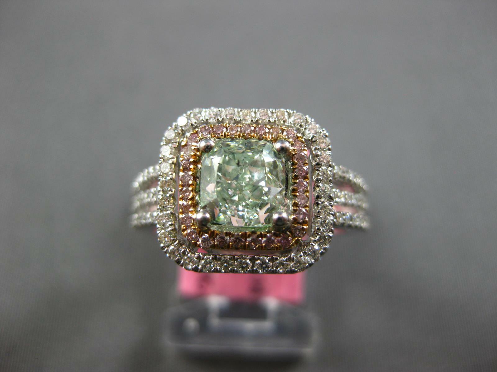 LARGE GIA 1.57CT WHITE PINK & GREEN DIAMOND 18K WHITE & ROSE GOLD 3D SQUARE RING