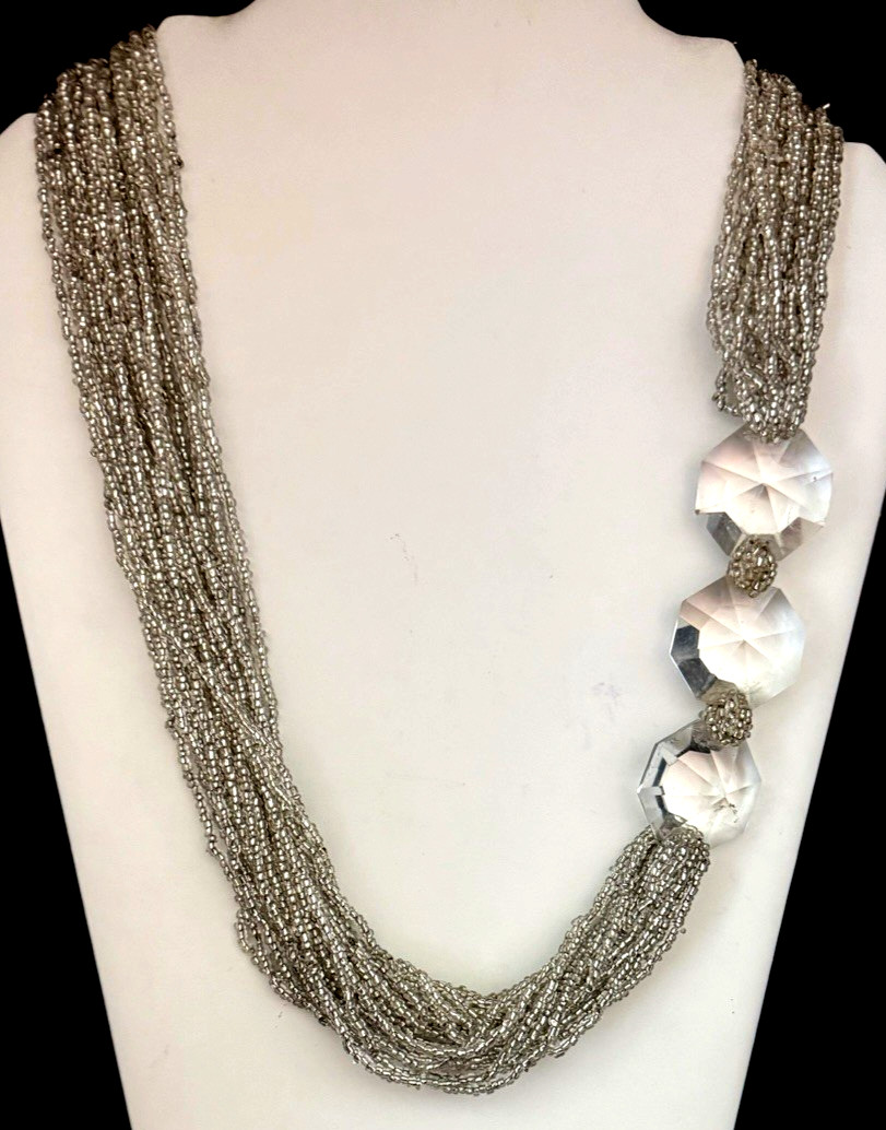 Vintage 25 Strand Silver Tone Clear Seed Bead & Faceted Crystal Necklace
