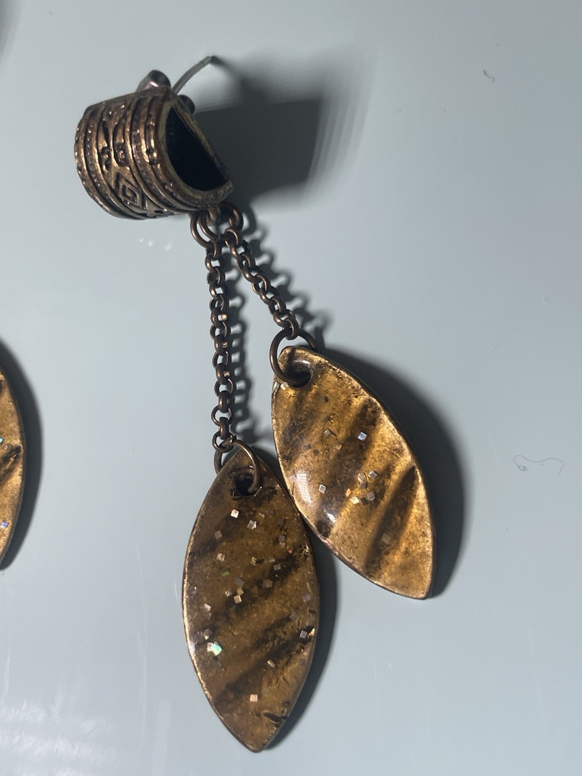 Vintage Copper Tone Dangle Earrings Glitter Enamel Leaf Drops Boho Tribal Style