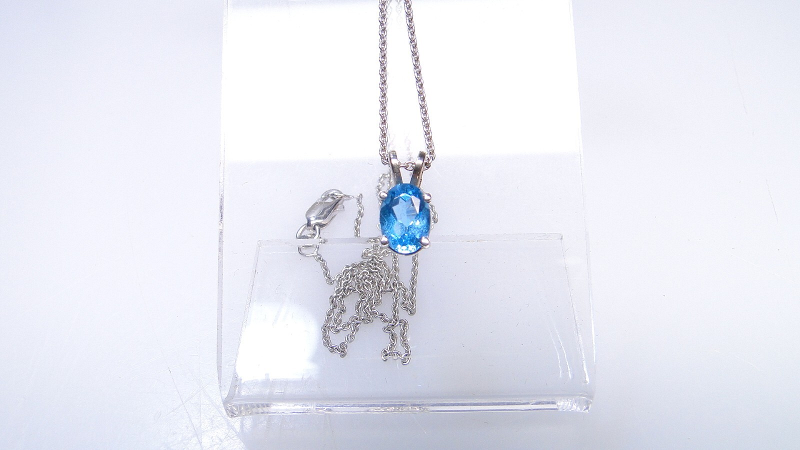 14K White Gold Blue Topaz Solitaire Pendant on Fine 14k WG Chain Necklace