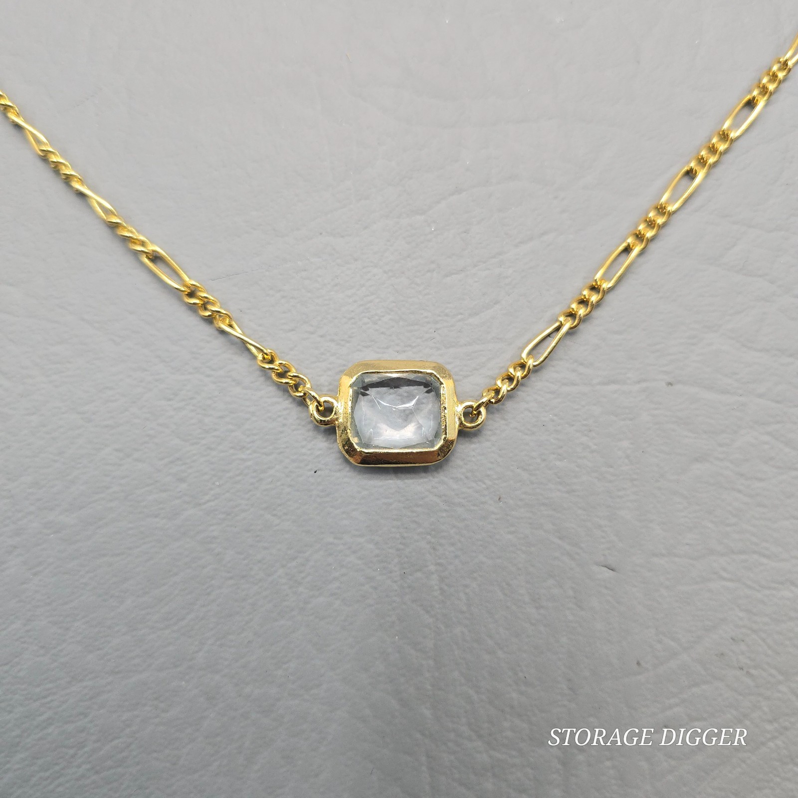VTG Clear Crystal Bezel Gold Tone Metal Bar Link Chain Station Necklace 35″ Long