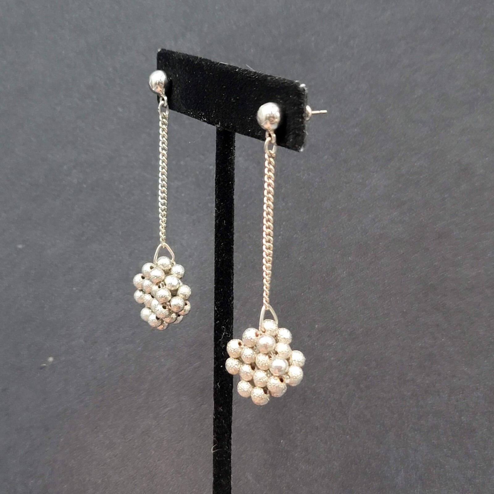 Vintage Pierced Earrings Silver tone Bead Cluster Dangle Unique 2.5″