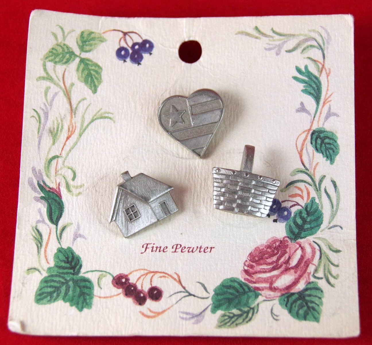 Lot 2 NOS VTG FINE PEWTER PICNIC BASKET, SET 3 HOUSE FLAG HEART BROOCH LAPEL PIN