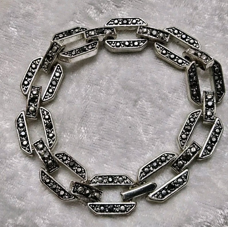Vintage Marcasite Rhinestone Oval Link Flex Bracelet