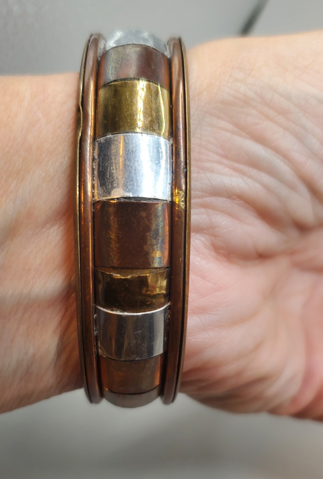 3 Vtg Tri-metal Brass Copper Bangles: Basket Weave, Braided, Rectangle Design