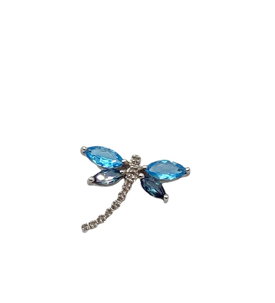 NOVEMBER BIRTHSTONE !! 10K White Gold Blue Topaz Dragonfly Pendant 1.73 Grams