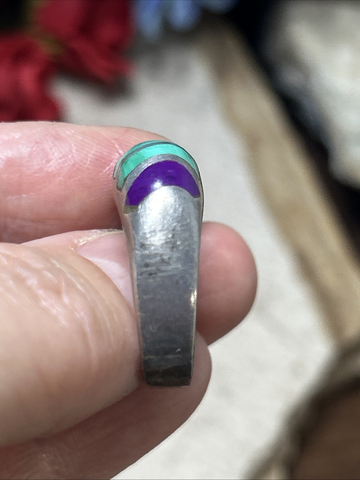 50. Vintage TAXCO Sterling 925 Green Purple Stone Inlay Ring 8.25s, 10.8g, Mex
