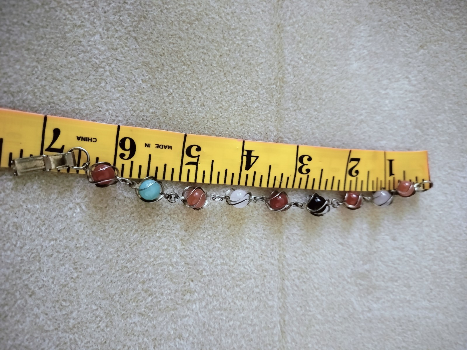 Vintage MCM Multi-Gemstone Caged Sphere Link Bracelet Wire-Wrapped Scarab-Style