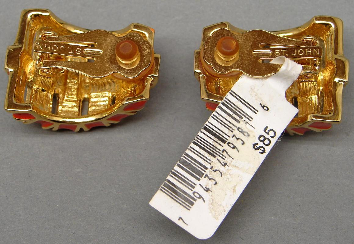 Vintage ST. JOHN Egyptian Motif CLIP-On EARRINGS Orange & Cream ENAMEL Gold-Tone