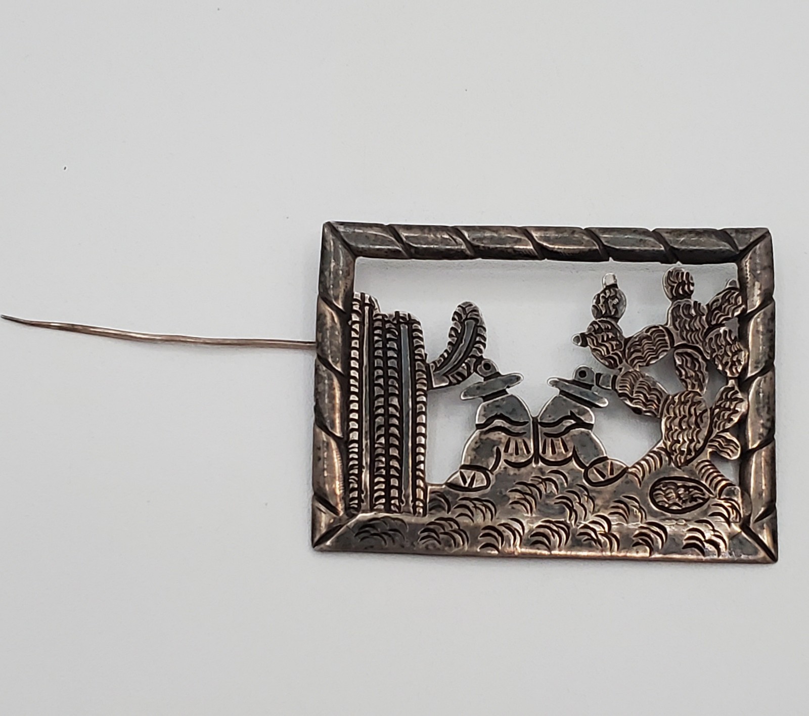 Mexican 980 Silver Brooch 2in Siesta Men Cactus Scene Handmade 17.1g Fine VTG
