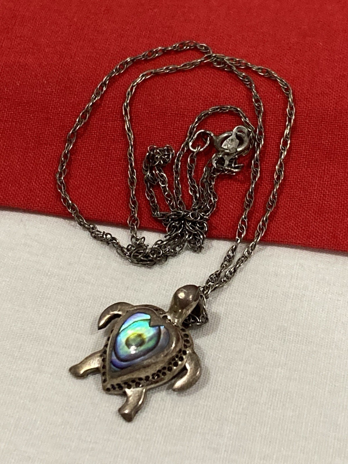 Vintage 925 Sterling Silver Abalone Heart Turtle Pendant & Chain Necklace 18.5”