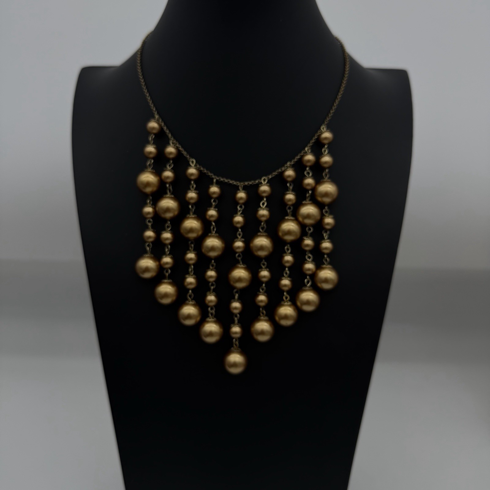 Fringe Necklace Ball Chain Dangle Tassel Gold Tone Pearly Glass Bead Heavy Large