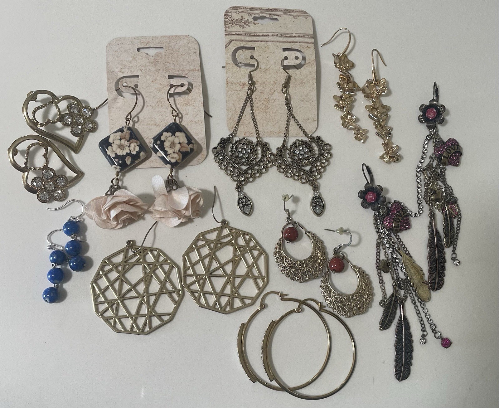 Vintage Costume Jewelry Earrings Lot (9 Pairs) Boho Fairy Dangle Hoops Retro