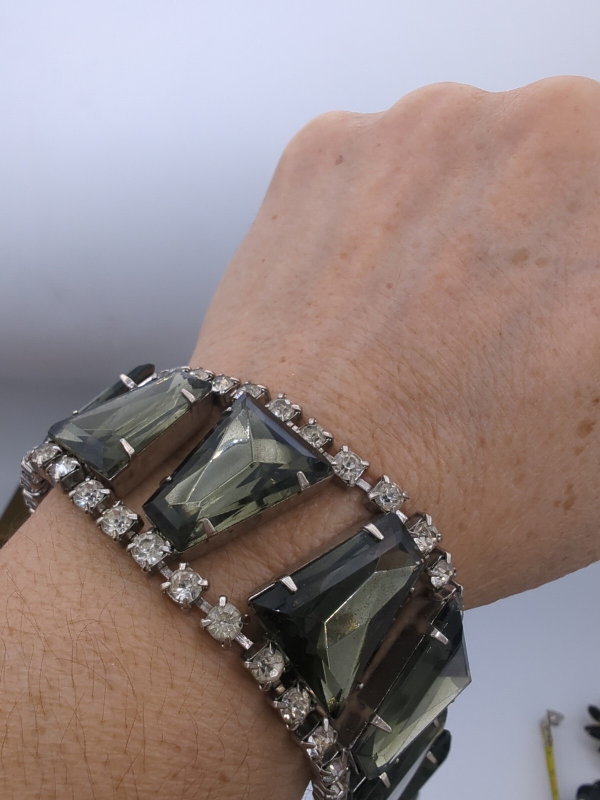 Vintage Wide Smoke Glass Clear Rhinestone Bracelet Repair Repurpose Only