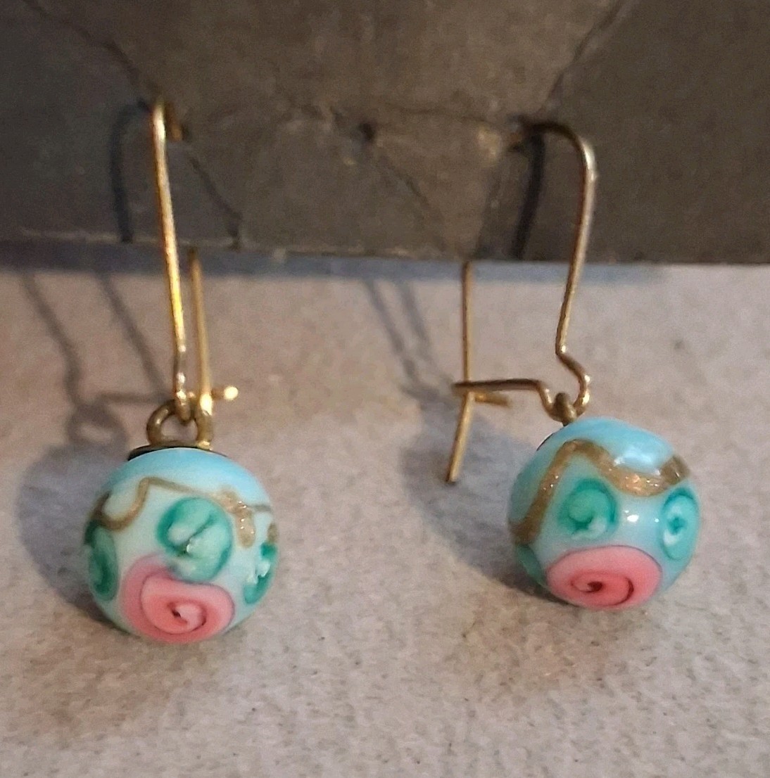 Turquoise blue lampwork bead dangle drop earrings w/pink flower, gold-plate earw