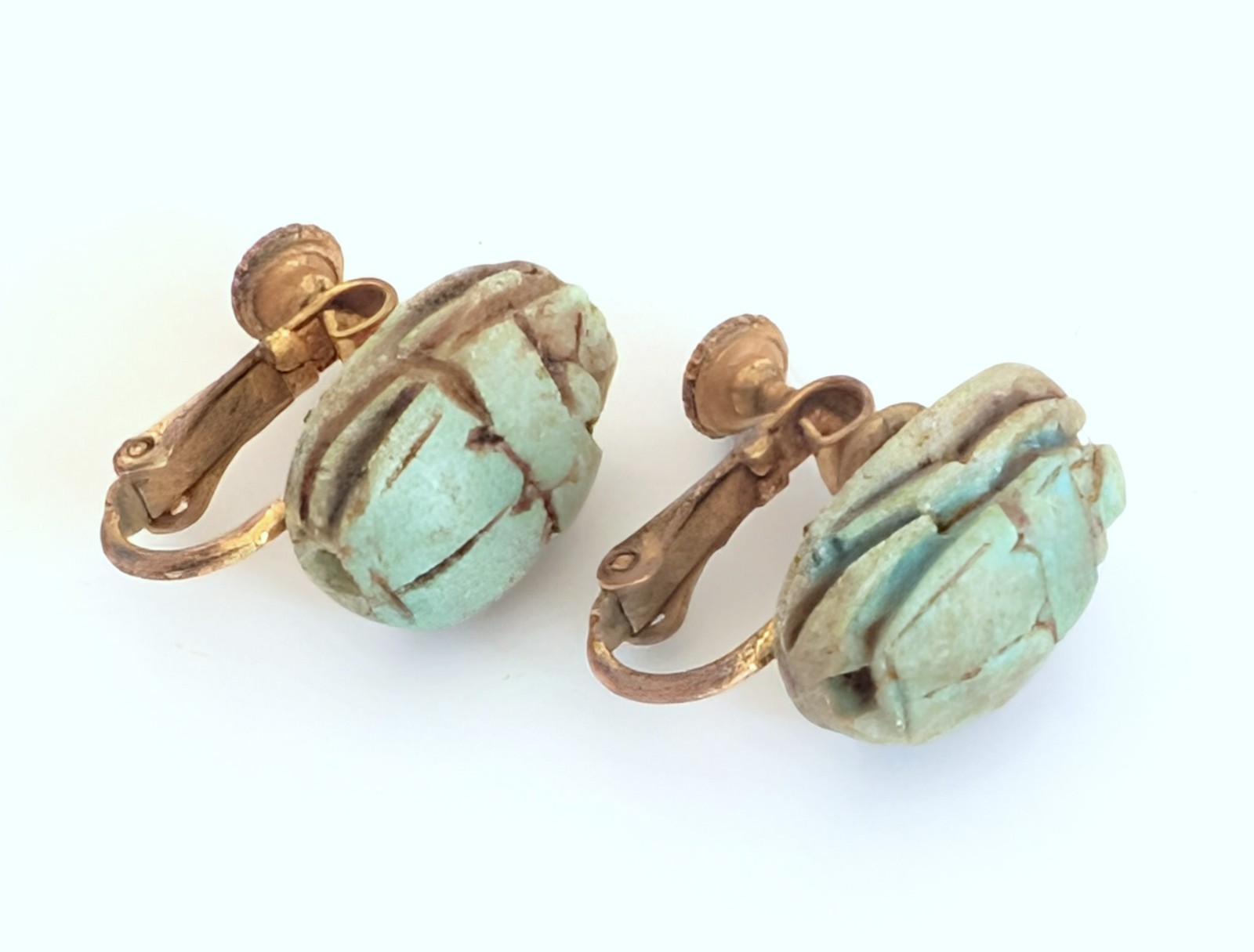 Wonderful Vintage Signed Miriam Haskell Egyptian Scarab Beetle Screw Earrings