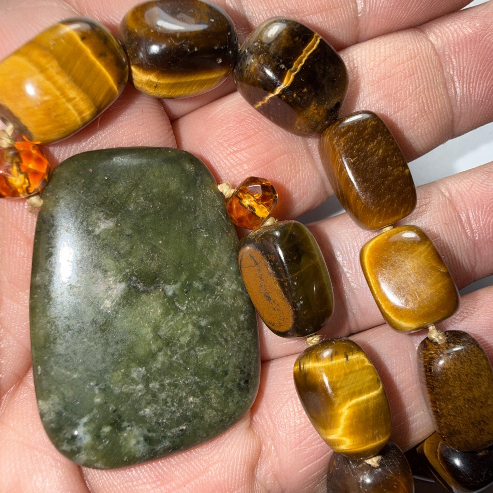 Necklace Big Jade Pendant Big Tigers Eye Beads Faceted Citrine Crystal 17” Old