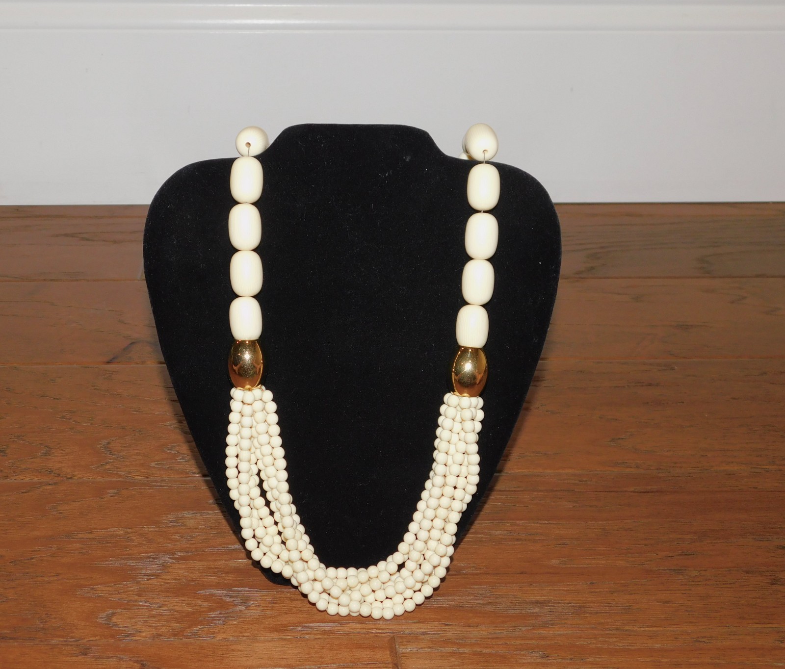 RARE! Napier Ivory/Gold Statement Necklace 30″ Oblong Beads Graduated MCM