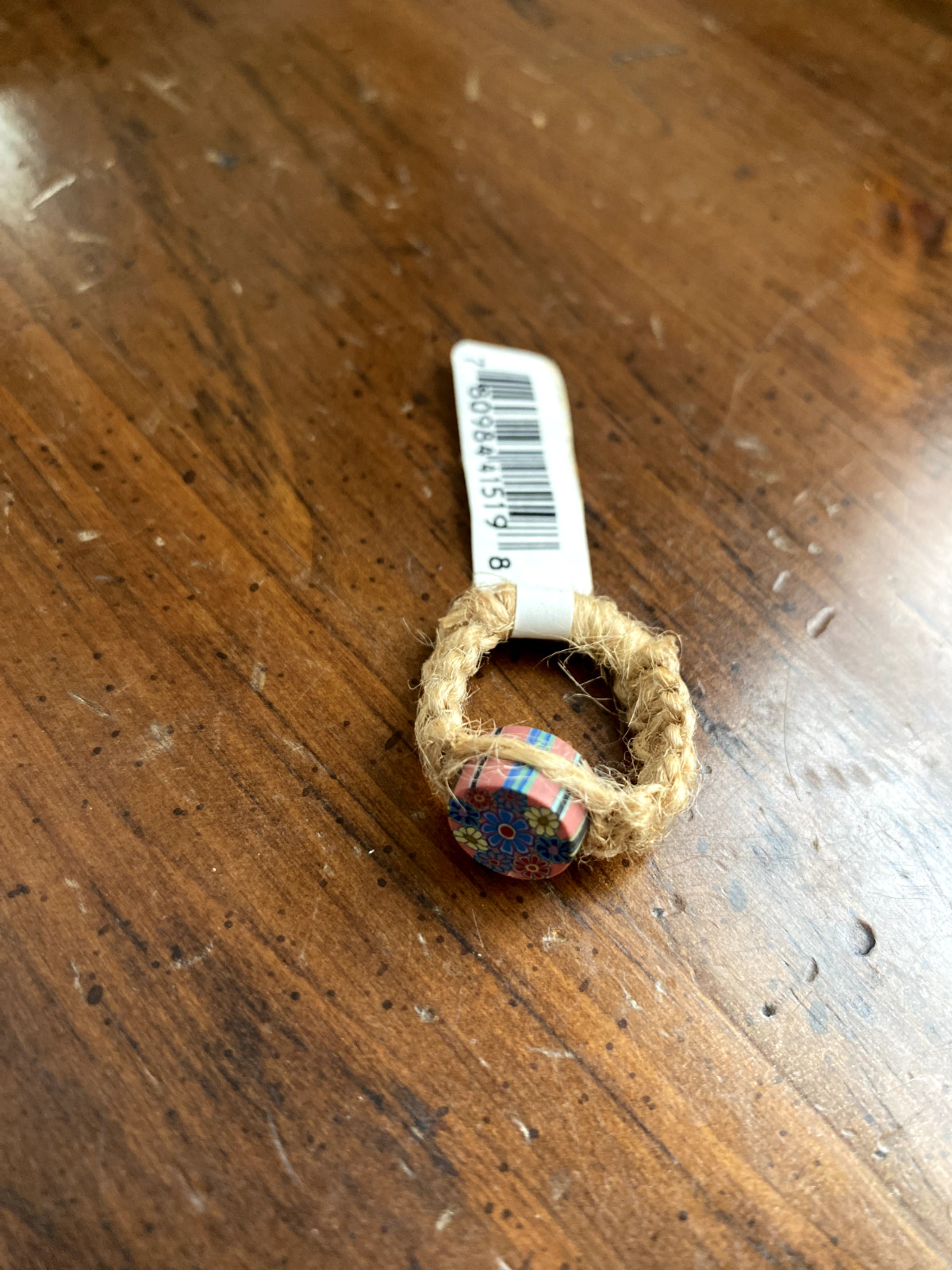 Vintage 1990s NEW Hemp Twine Psychedelic Hippy Floral Polymer Clay Ring