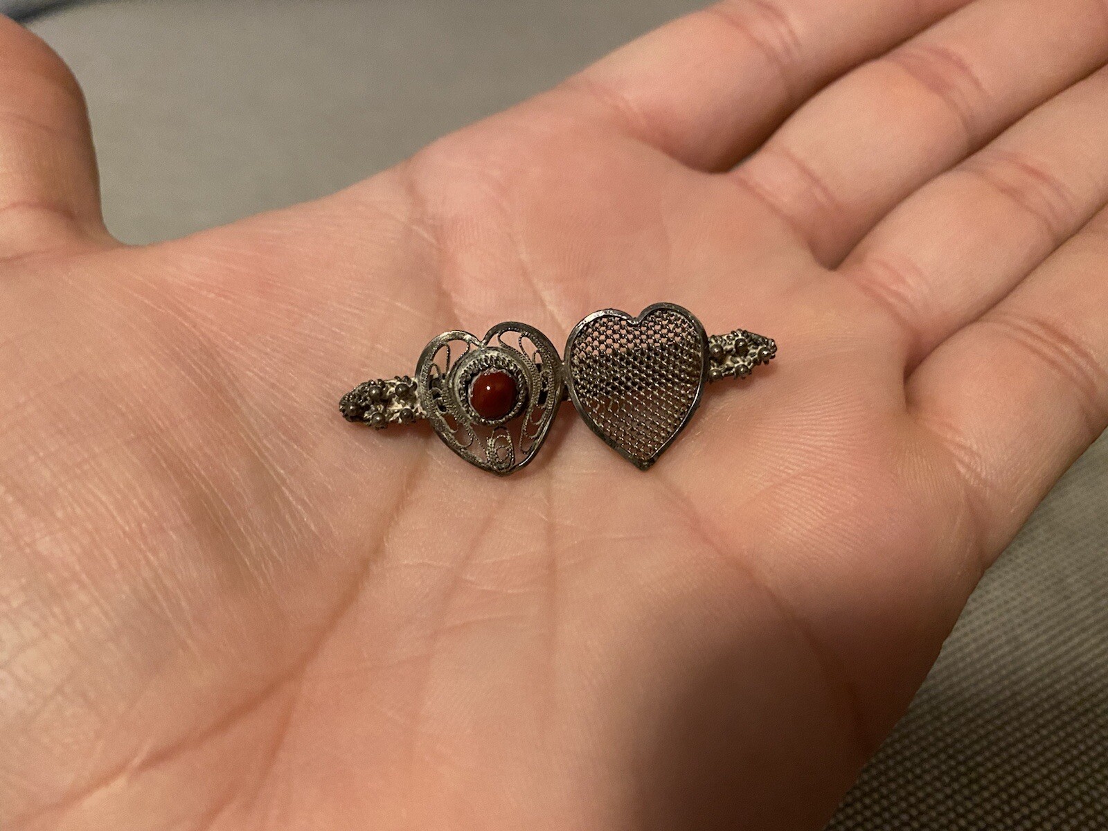 VICTORIAN 800 SILVER PIN Ornate Filigree Hearts Red Handmade Heart