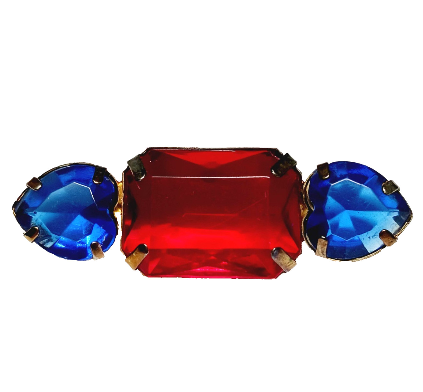 Old Vtg Lucite Acrylic Stone Bar Brooch Blue Hearts Red Rectangle C Hook Clasp