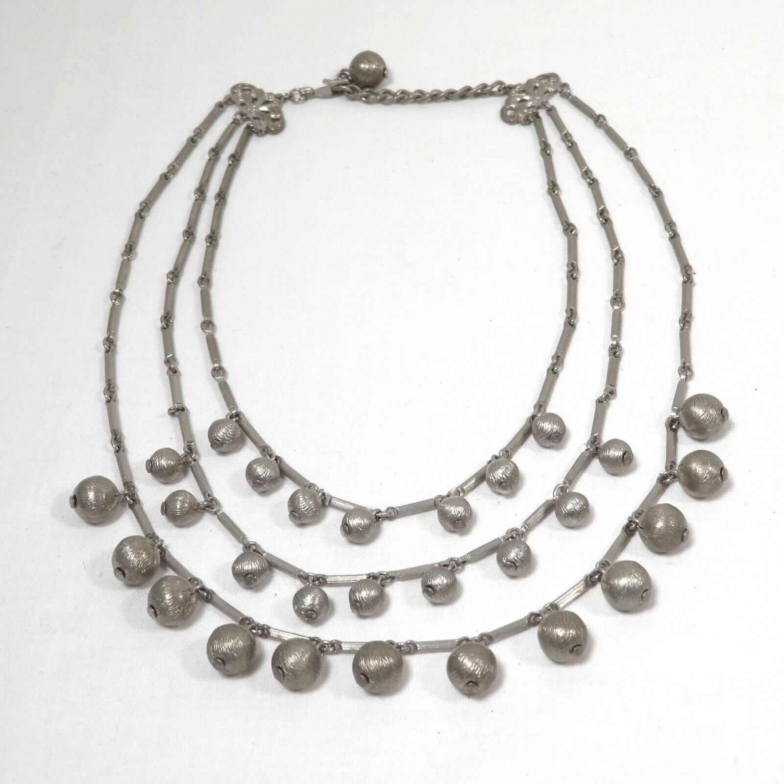 Vintage Marino Necklace 3 Strand Silver Tone Metal Baubles