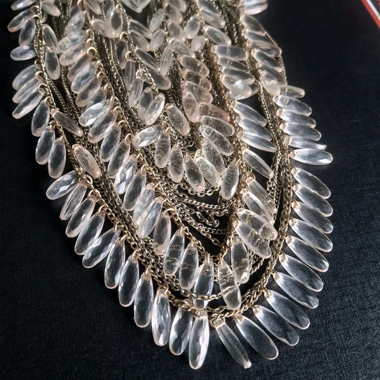 VTG Statement Bib Necklace Multi-Strand Fringe Featuring Clear Lucite Teardrops