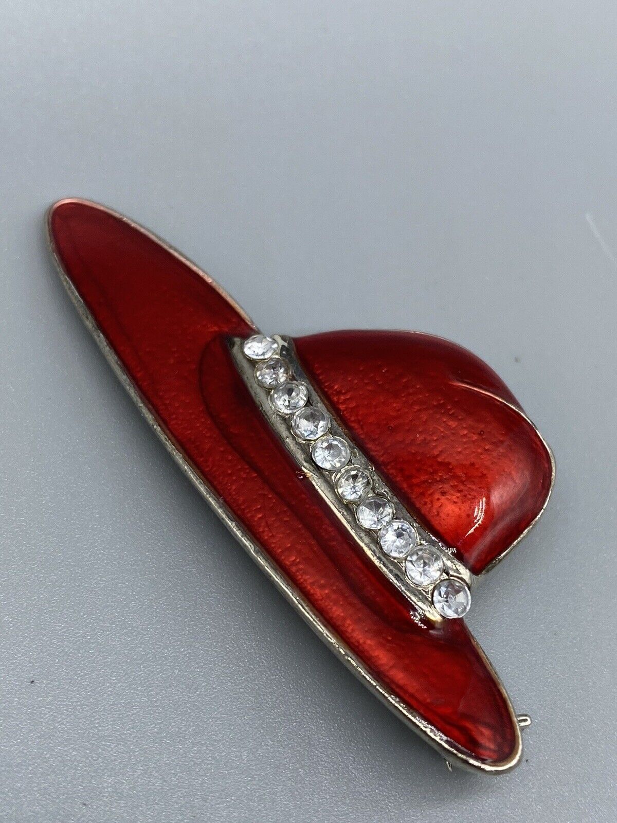 Vintage Lady Hat Red Enamel Rhinestones Silver Tone Pin Brooch