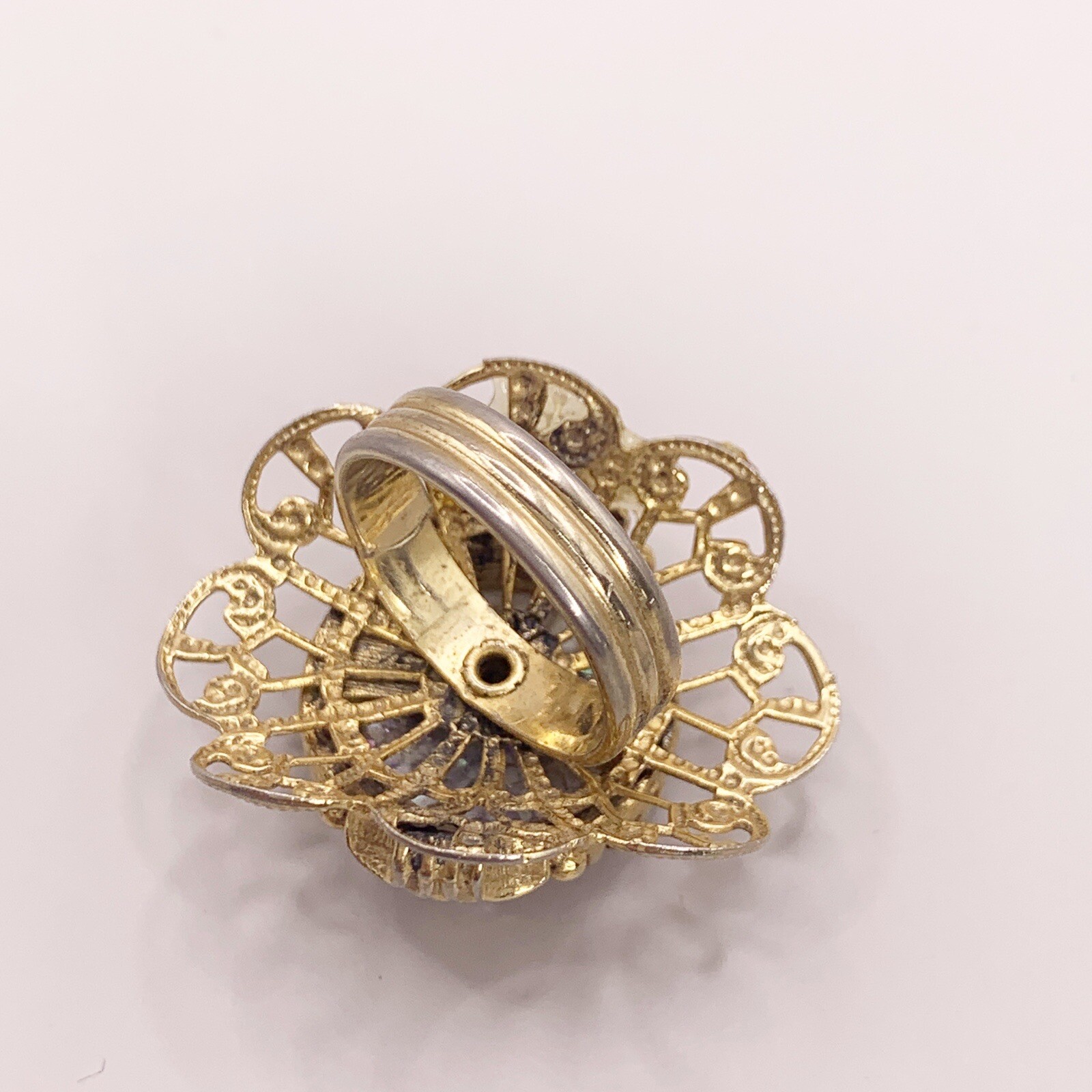 Vintage Cocktail Ring Costume Jewelry Off White Ivory Gold Color Tone Adjustable