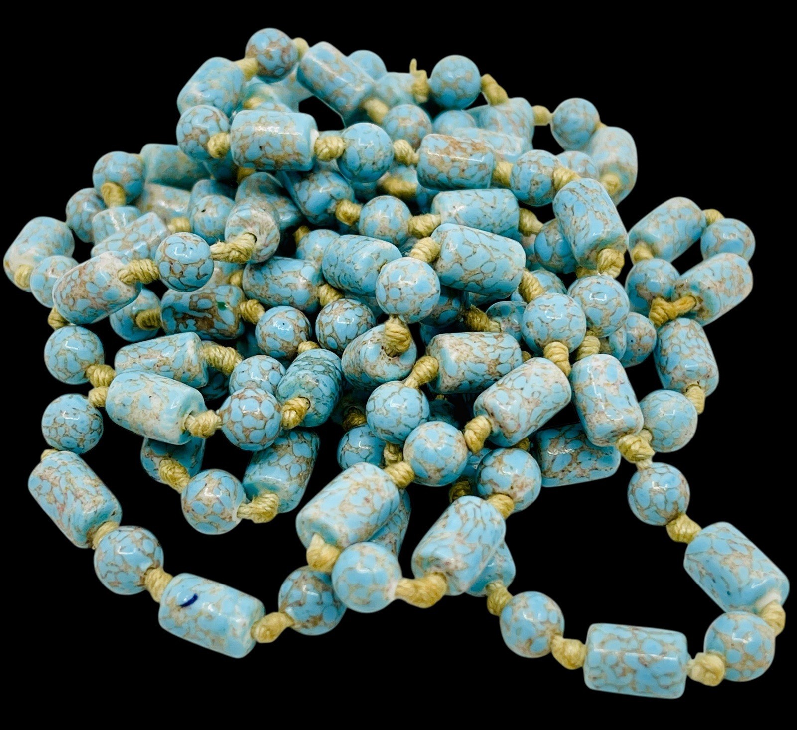 Long Antique Art Deco Circa 1920’s Robin’s Egg Blue Flapper Bead Necklace 60” L