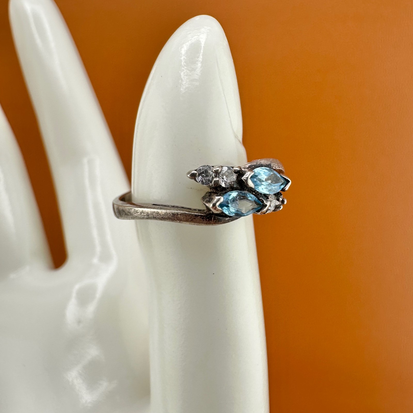 Vintage Sterling Silver Blue Topaz Ring Marquise Cut Dainty Size 6.75 Signed