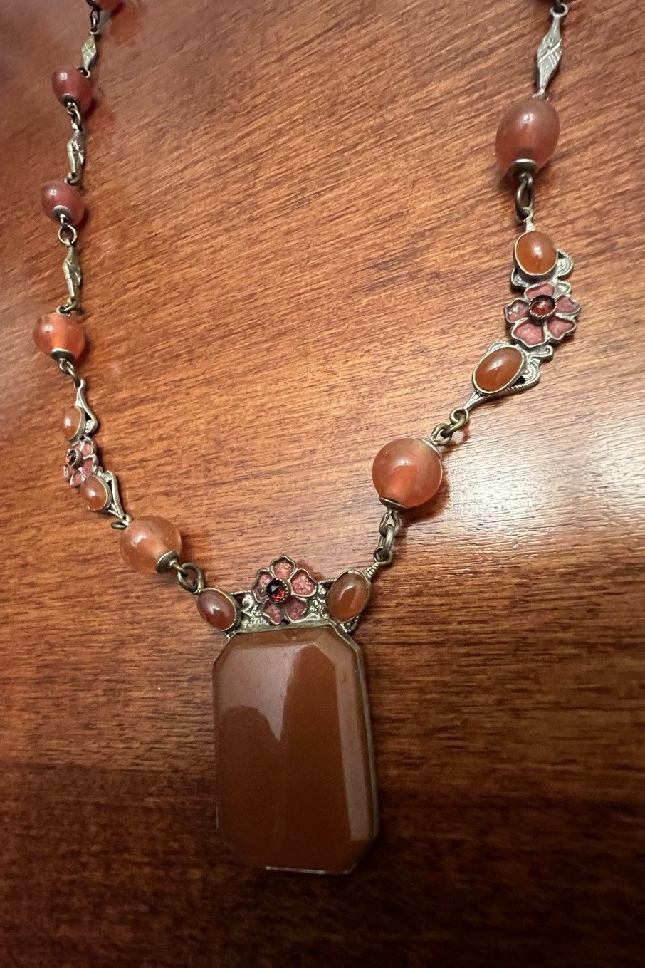 Vintage CZECH Faux Carnelian Glass Enamel Floral Station Pendant Necklace Signed