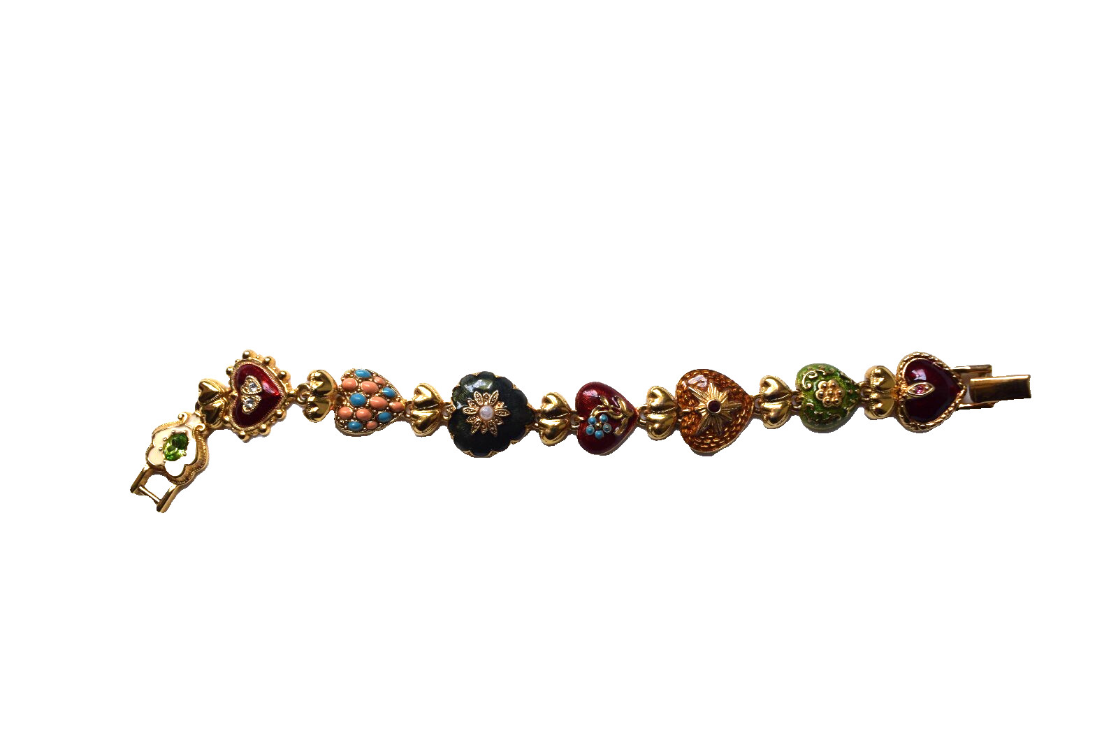 Joan Rivers Hearts & Flowers Bracelet Gold Tone w/ Enameled Hearts Signed Rare!