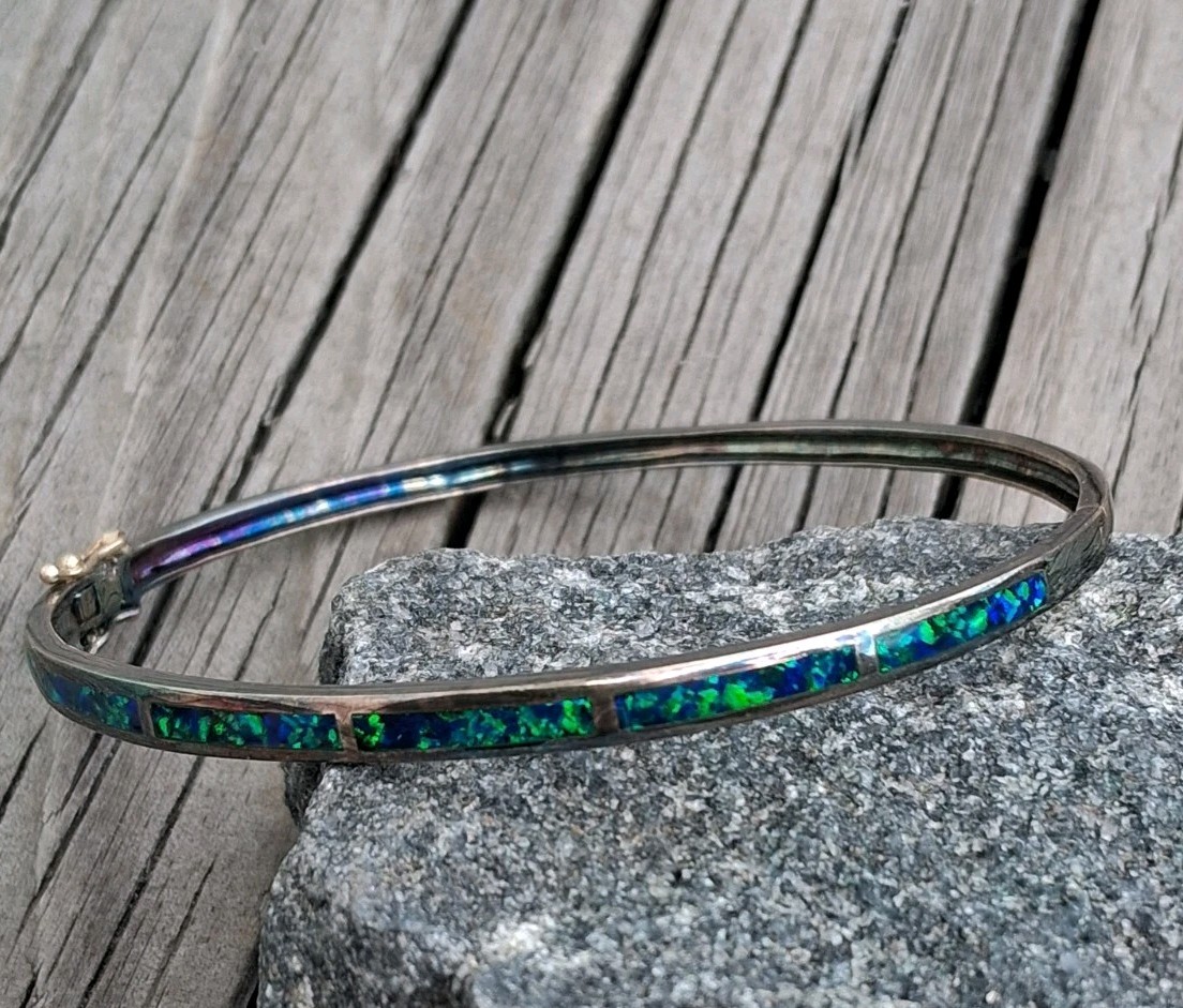 Vtg 925 Blue Opal Hinged Bangle Bracelet Sterling Silver