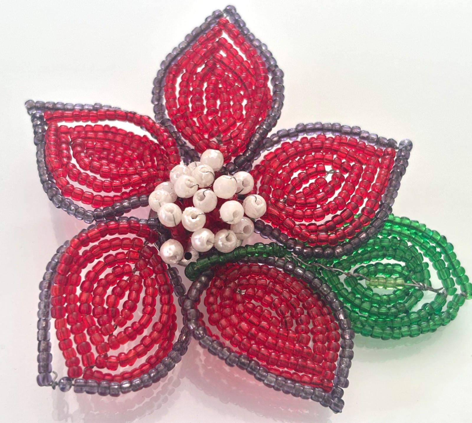 Sweet Hand Beaded Vintage Flower Brooch PIN with Green Leaf Details