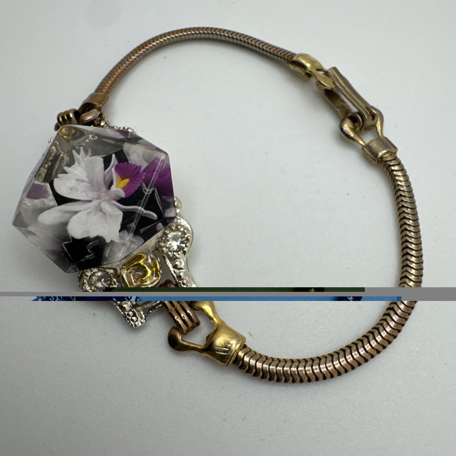 VTG Orchid White Purple Flower Snake Chain Two Tone Bracelet Clear Gem Woman