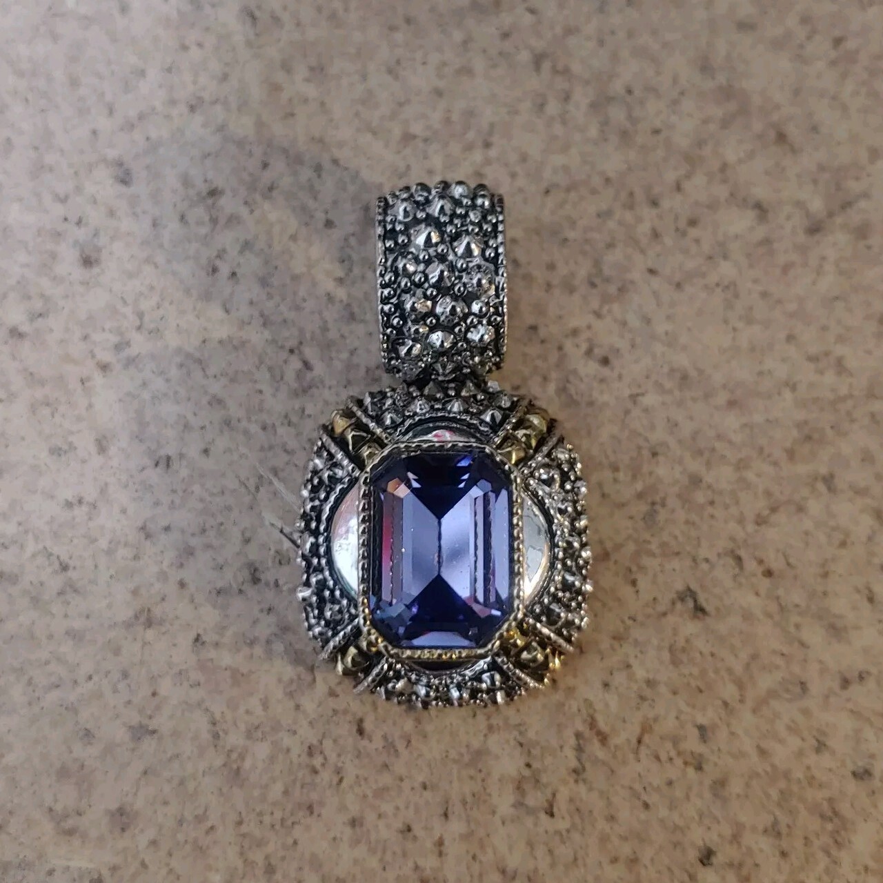 Emerald Cut Purple Glass Stone Pendant Silver tone Gold Accent Pearl Enhancer