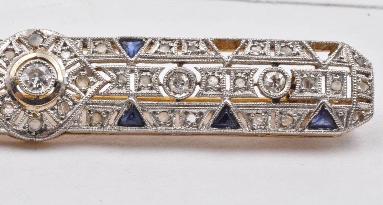 Antique 18ct Platinum Top Mined Diamond & Sapphire Art Deco Bar Pin circa 1920